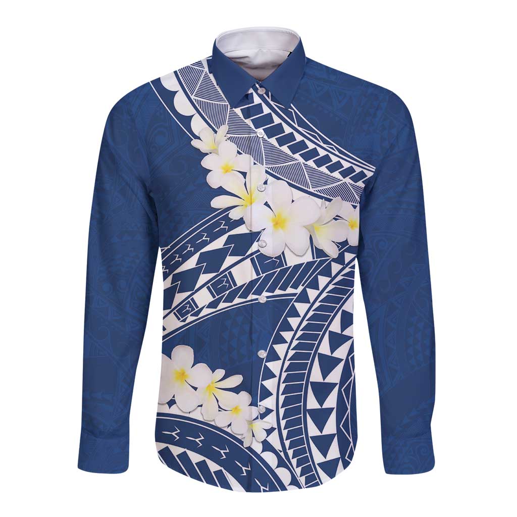 Polynesian Vintage Floral Long Sleeve Button Shirt Navy Blue Motifs LT7 Unisex Navy Blue - Polynesian Pride