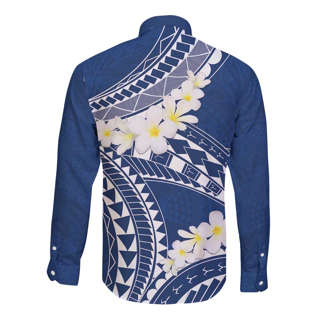Polynesian Vintage Floral Long Sleeve Button Shirt Navy Blue Motifs LT7 - Polynesian Pride