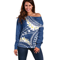 Polynesian Vintage Floral Off Shoulder Sweater Navy Blue Motifs LT7 Women Navy Blue - Polynesian Pride
