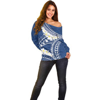 Polynesian Vintage Floral Off Shoulder Sweater Navy Blue Motifs LT7 - Polynesian Pride