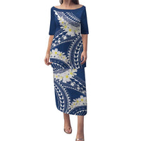 Polynesian Vintage Floral Puletasi Navy Blue Motifs LT7 Long Dress Navy Blue - Polynesian Pride