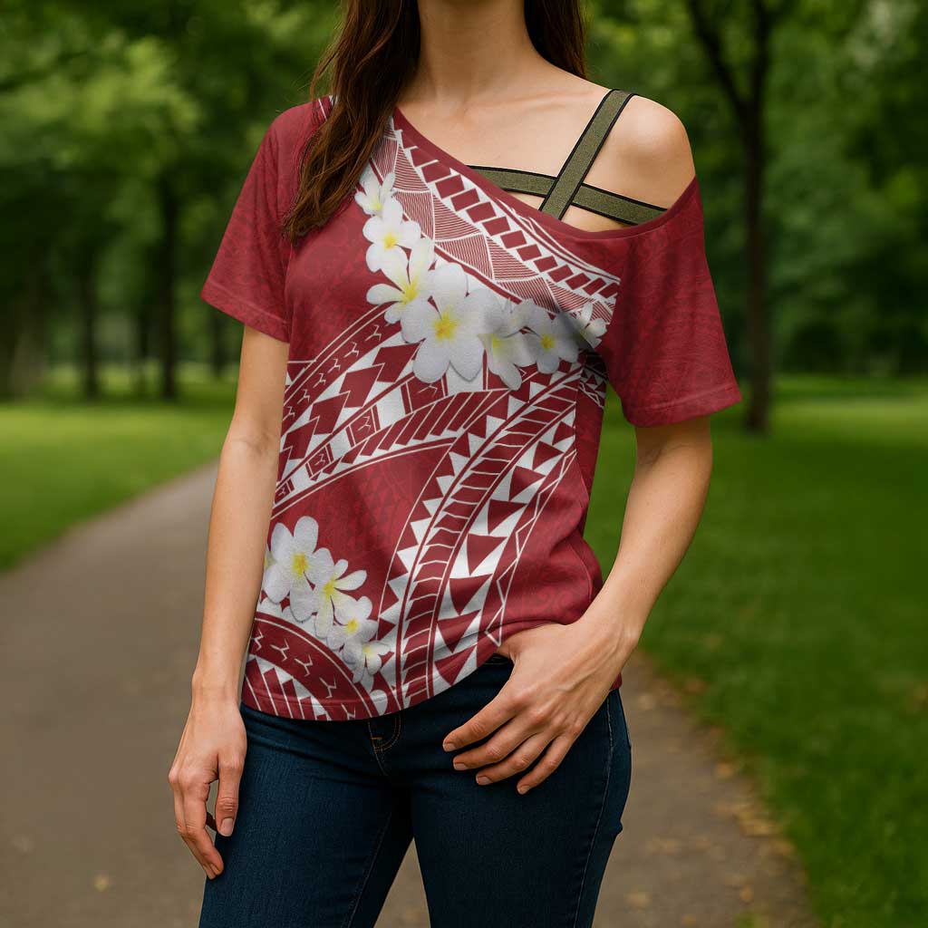 Polynesian Vintage Floral Cross Shoulder Shirt Scarlet Motifs LT7 - Polynesian Pride