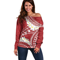 Polynesian Vintage Floral Off Shoulder Sweater Scarlet Motifs LT7 Women Scarlet - Polynesian Pride