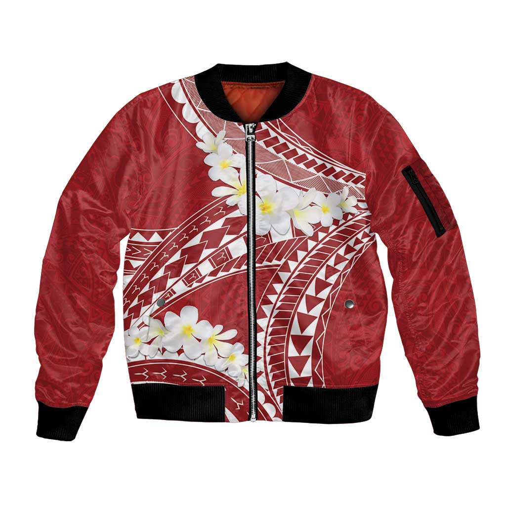 Polynesian Vintage Floral Sleeve Zip Bomber Jacket Scarlet Motifs LT7 Unisex Scarlet - Polynesian Pride