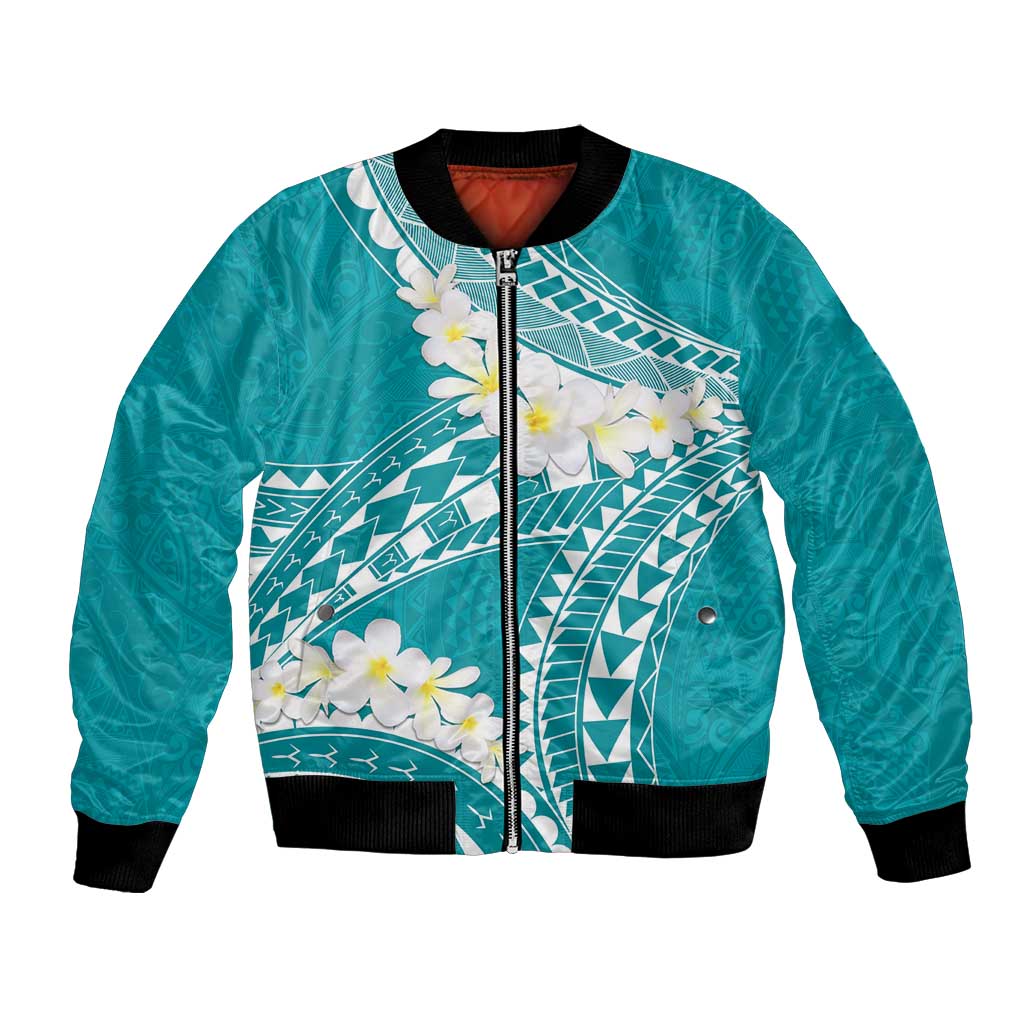 Polynesian Vintage Floral Bomber Jacket Teal Motifs LT7 Unisex Teal - Polynesian Pride