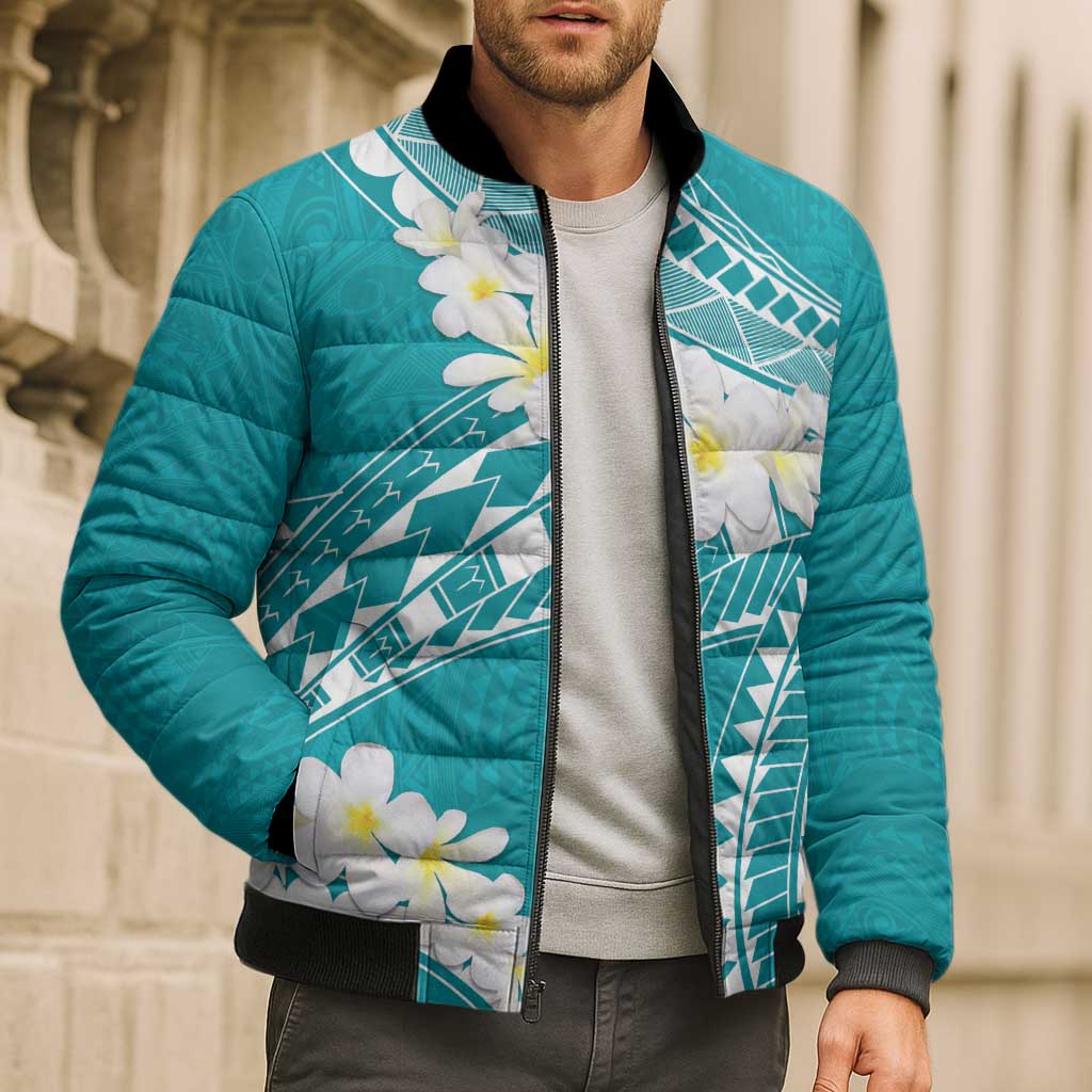 Polynesian Vintage Floral Bomber Puffer Jacket Teal Motifs LT7 - Polynesian Pride