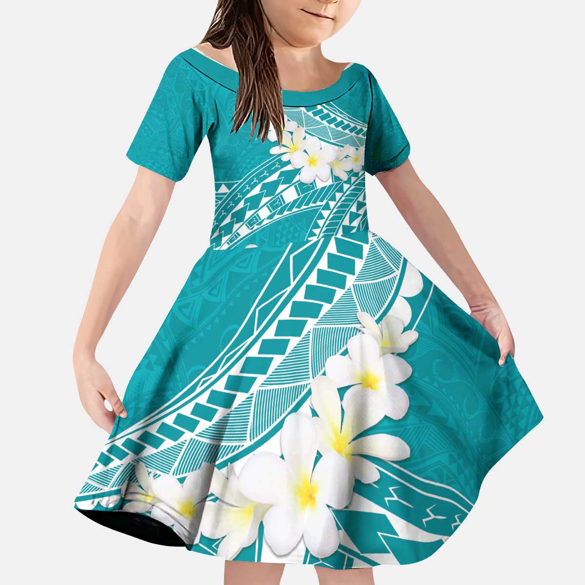 Polynesian Vintage Floral Kid Short Sleeve Dress Teal Motifs LT7 KID Teal - Polynesian Pride