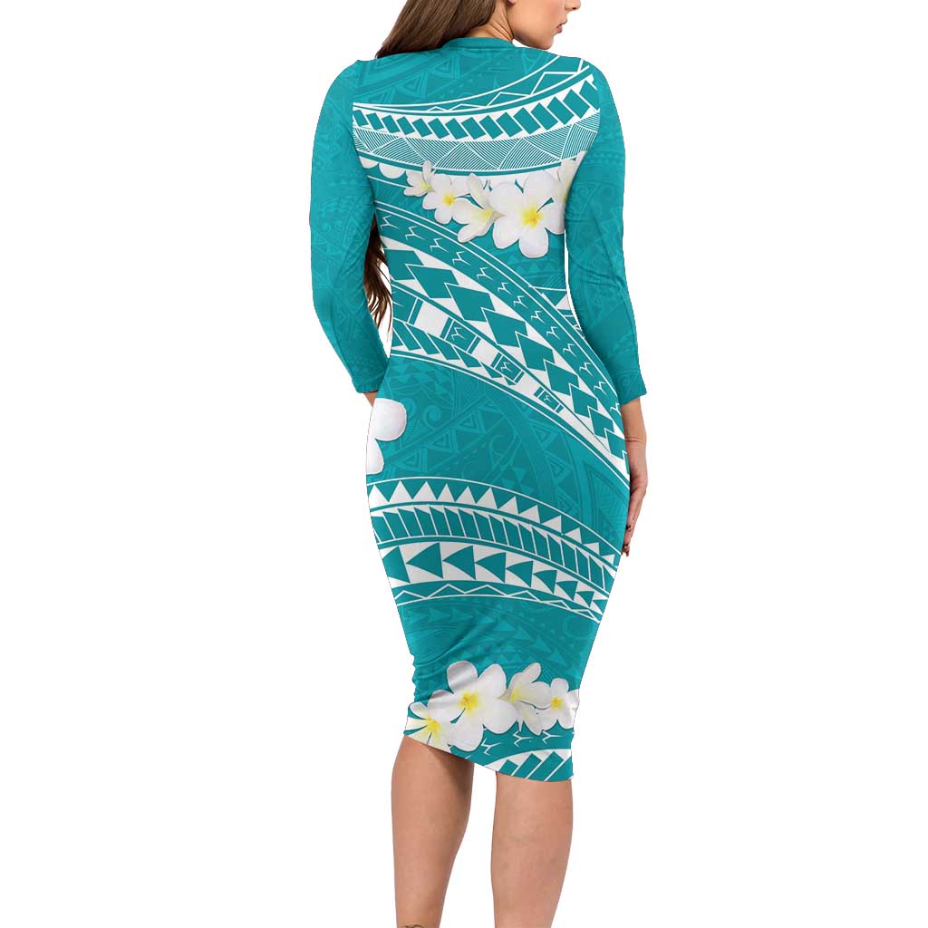 Polynesian Vintage Floral Long Sleeve Bodycon Dress Teal Motifs LT7 - Polynesian Pride