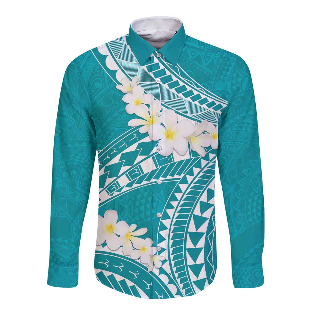 Polynesian Vintage Floral Long Sleeve Button Shirt Teal Motifs LT7 Unisex Teal - Polynesian Pride