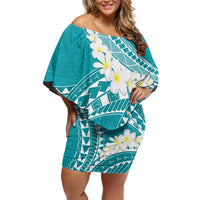 Polynesian Vintage Floral Off Shoulder Short Dress Teal Motifs LT7 Women Teal - Polynesian Pride