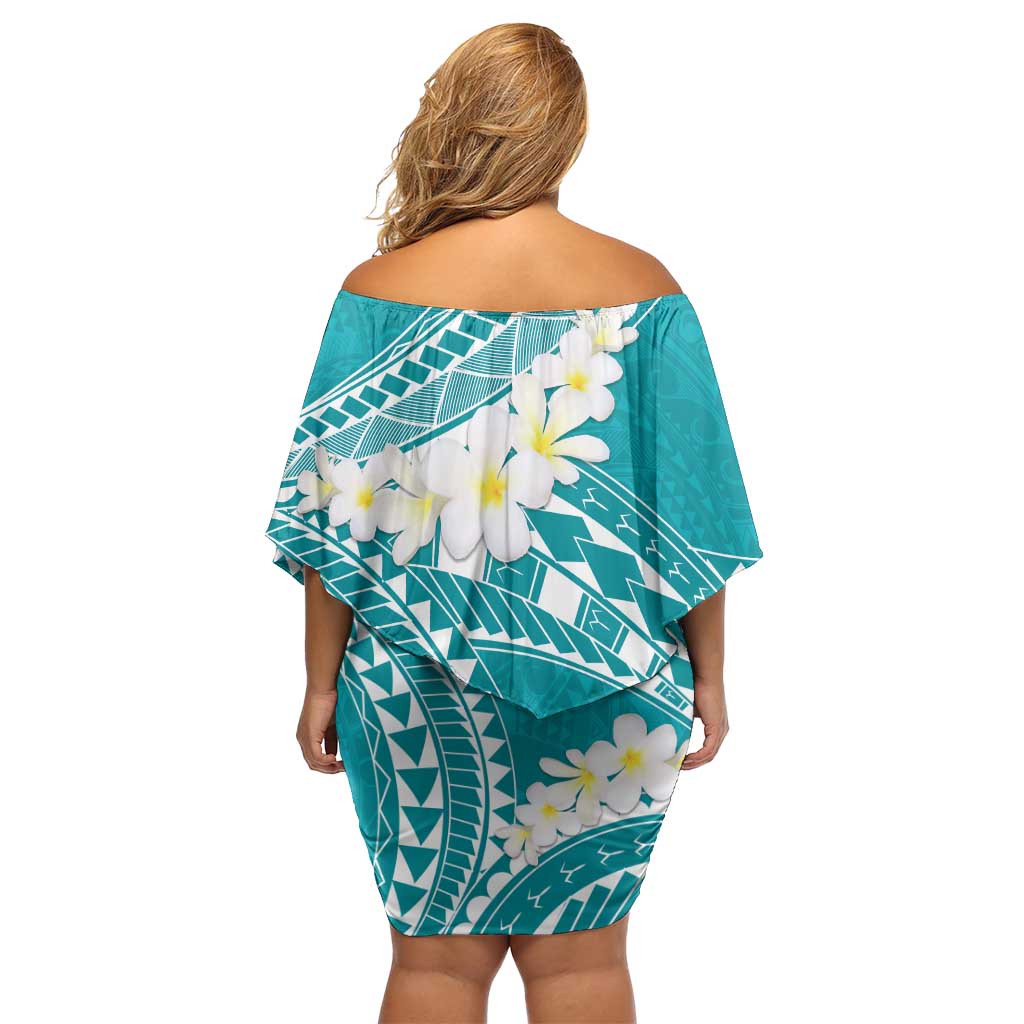 Polynesian Vintage Floral Off Shoulder Short Dress Teal Motifs LT7 - Polynesian Pride