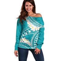 Polynesian Vintage Floral Off Shoulder Sweater Teal Motifs LT7 Women Teal - Polynesian Pride