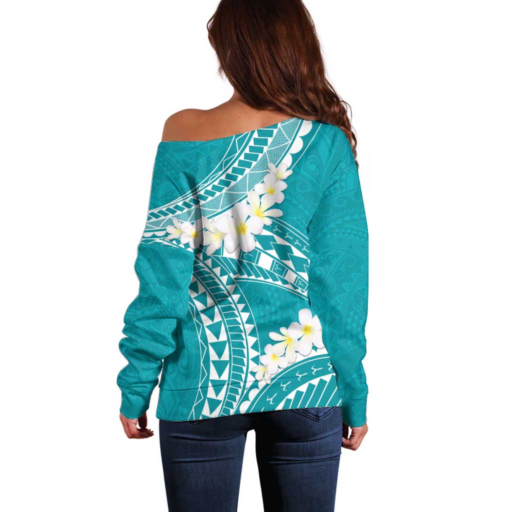 Polynesian Vintage Floral Off Shoulder Sweater Teal Motifs LT7 - Polynesian Pride