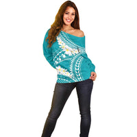 Polynesian Vintage Floral Off Shoulder Sweater Teal Motifs LT7 - Polynesian Pride