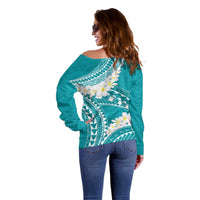 Polynesian Vintage Floral Off Shoulder Sweater Teal Motifs LT7 - Polynesian Pride