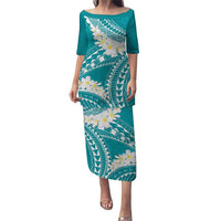 Polynesian Vintage Floral Puletasi Teal Motifs LT7 Long Dress Teal - Polynesian Pride