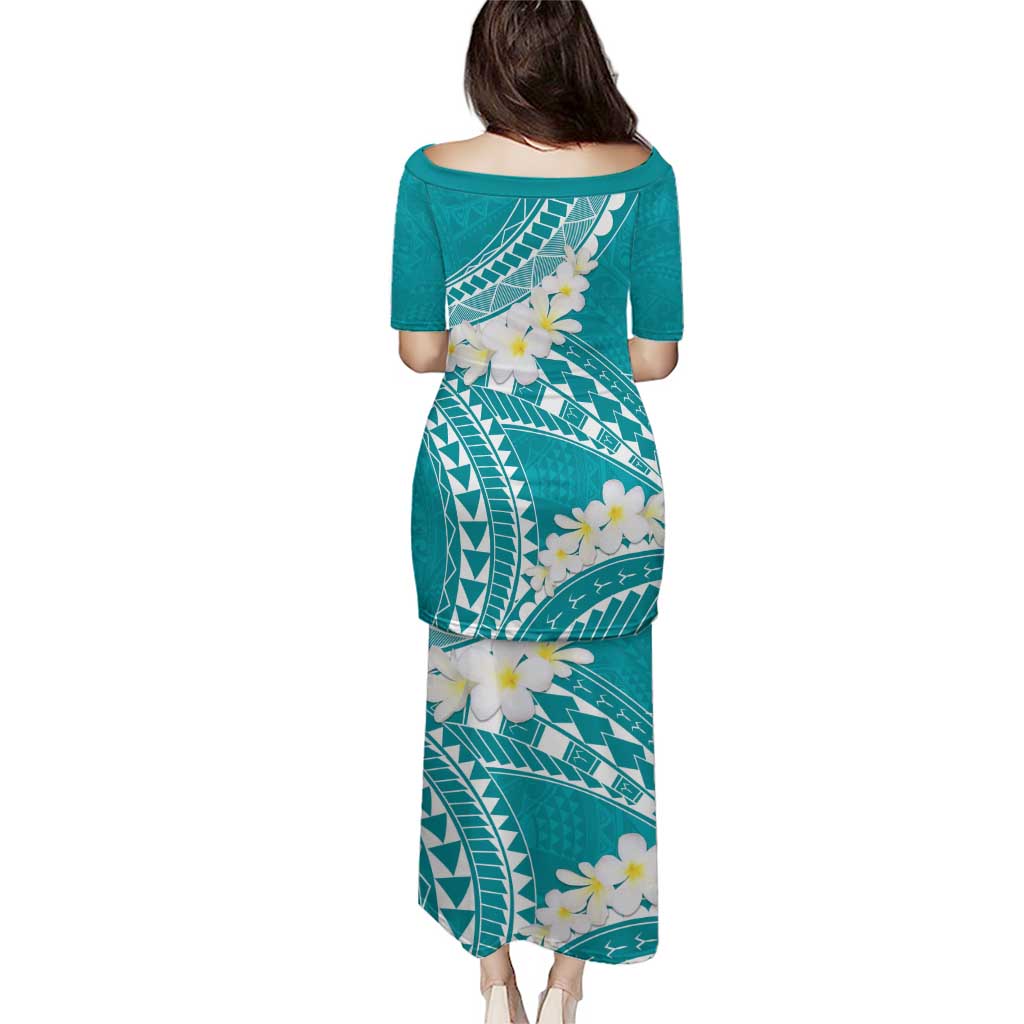 Polynesian Vintage Floral Puletasi Teal Motifs LT7 - Polynesian Pride