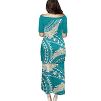 Polynesian Vintage Floral Puletasi Teal Motifs LT7 - Polynesian Pride