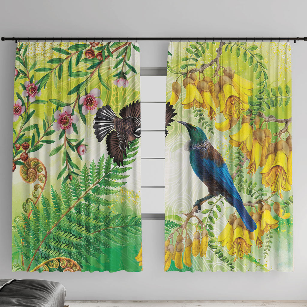 New Zealand Maori Mahuru Window Curtain Tui With Pikawakawa Spring Colors LT7 With Hooks Multicolor - Polynesian Pride