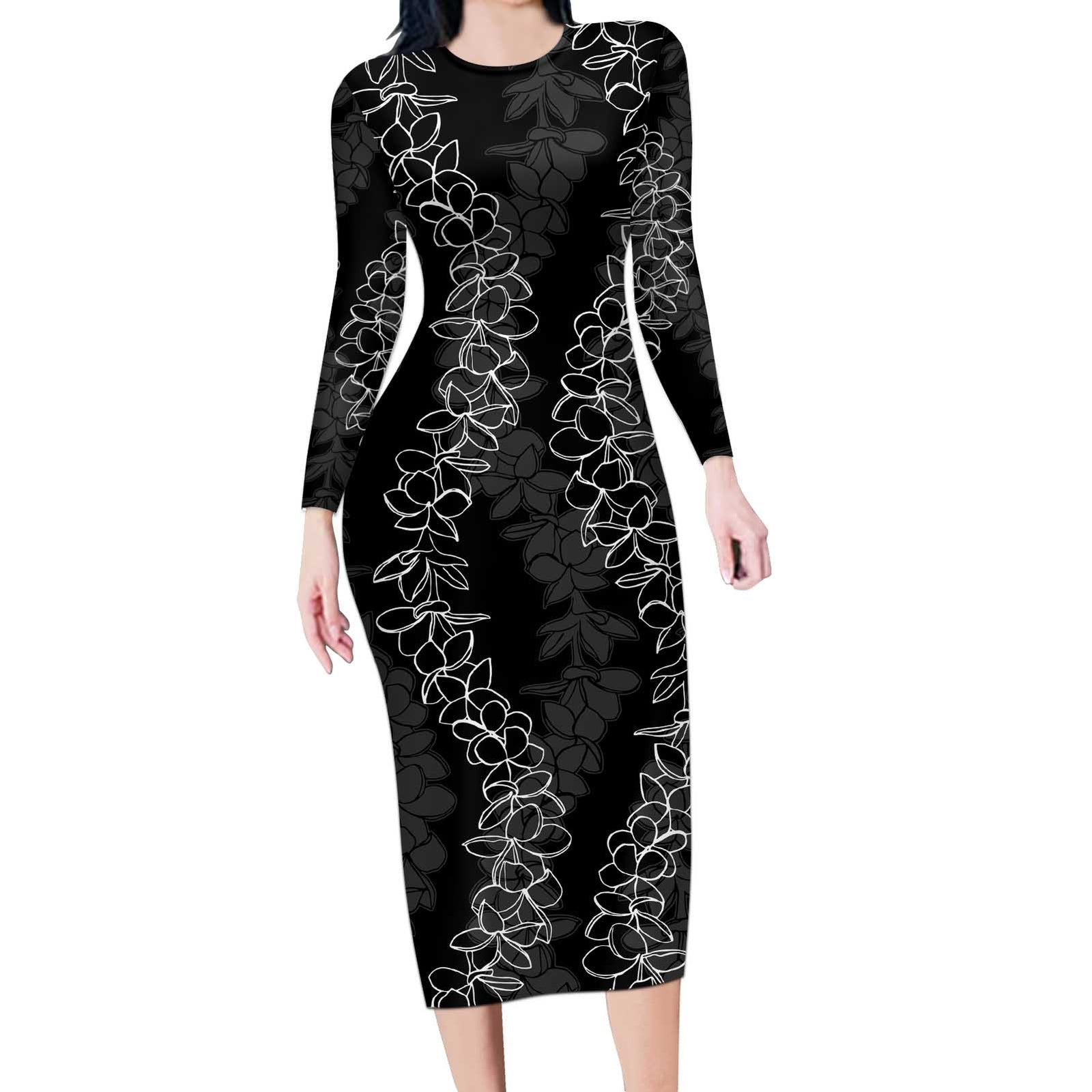 Hawaii Plumeria Lei Long Sleeve Bodycon Dress Aloha Festive Vibe LT7 Long Dress Black - Polynesian Pride