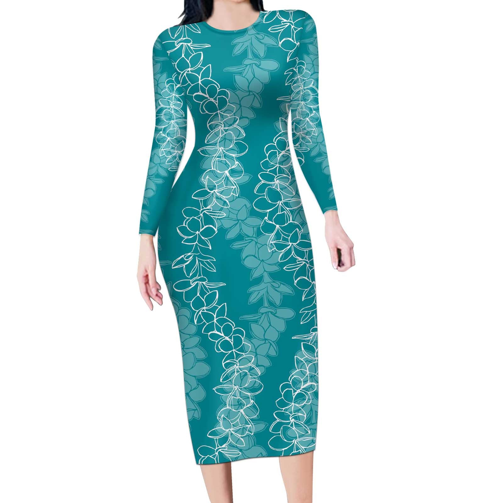 Hawaii Plumeria Lei Long Sleeve Bodycon Dress Aloha Festive Vibe - Teal LT7 Long Dress Teal - Polynesian Pride
