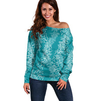 Hawaii Plumeria Lei Off Shoulder Sweater Aloha Festive Vibe - Teal LT7 Women Teal - Polynesian Pride