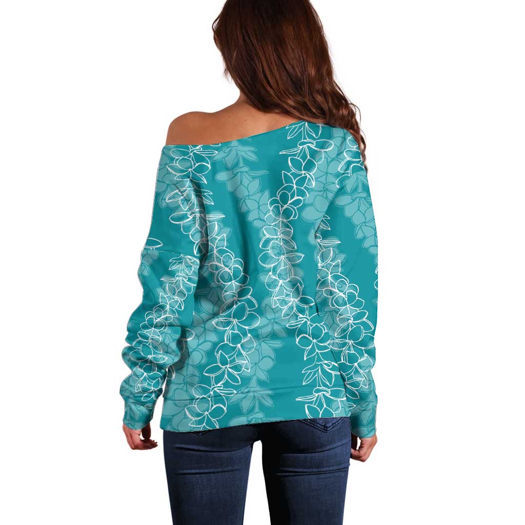 Hawaii Plumeria Lei Off Shoulder Sweater Aloha Festive Vibe - Teal LT7 - Polynesian Pride