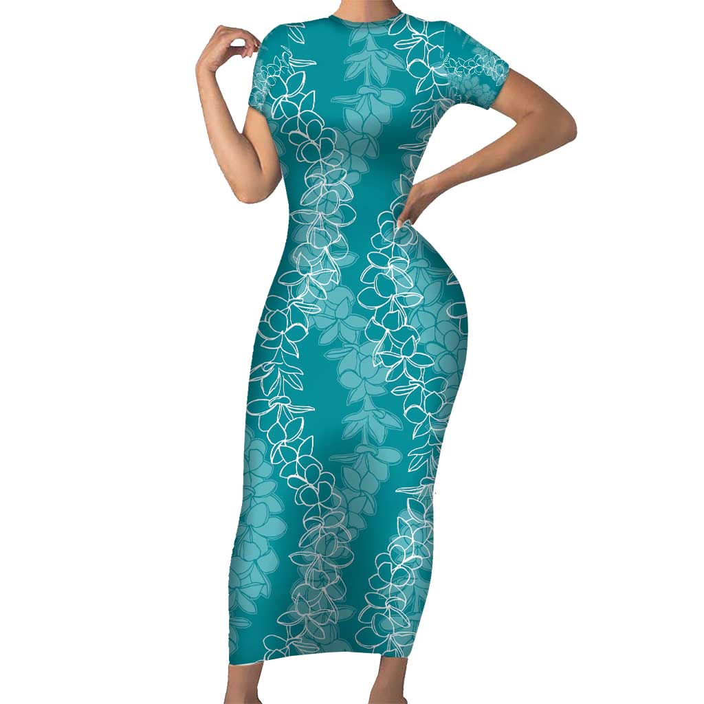 Hawaii Plumeria Lei Short Sleeve Bodycon Dress Aloha Festive Vibe - Teal LT7 Long Dress Teal - Polynesian Pride