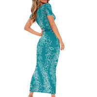 Hawaii Plumeria Lei Short Sleeve Bodycon Dress Aloha Festive Vibe - Teal LT7 - Polynesian Pride