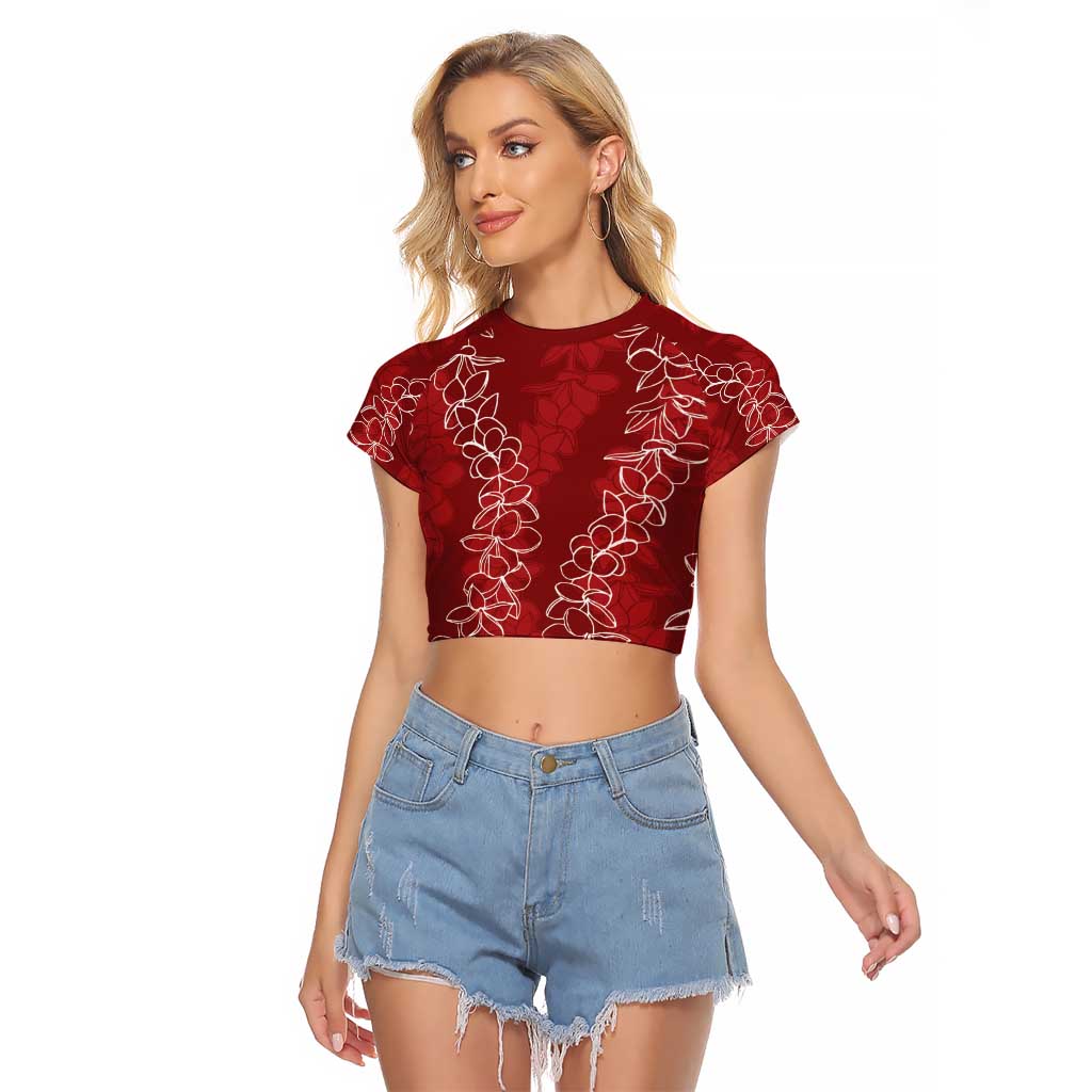 Hawaii Plumeria Lei Raglan Cropped T Shirt Aloha Festive Vibe - Crimson LT7 Female Crimson - Polynesian Pride