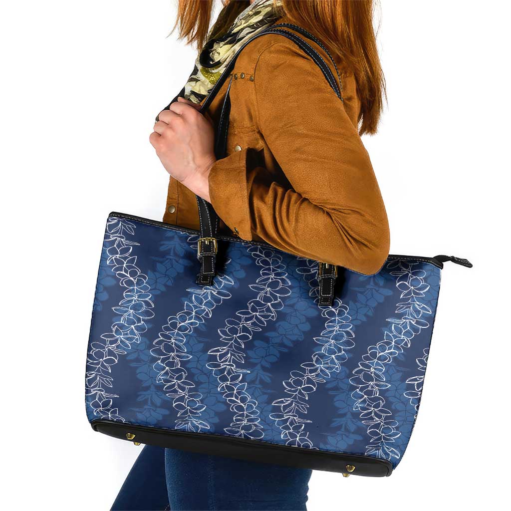 Hawaii Plumeria Lei Leather Tote Bag Aloha Festive Vibe - Navy Blue LT7 Navy Blue - Polynesian Pride