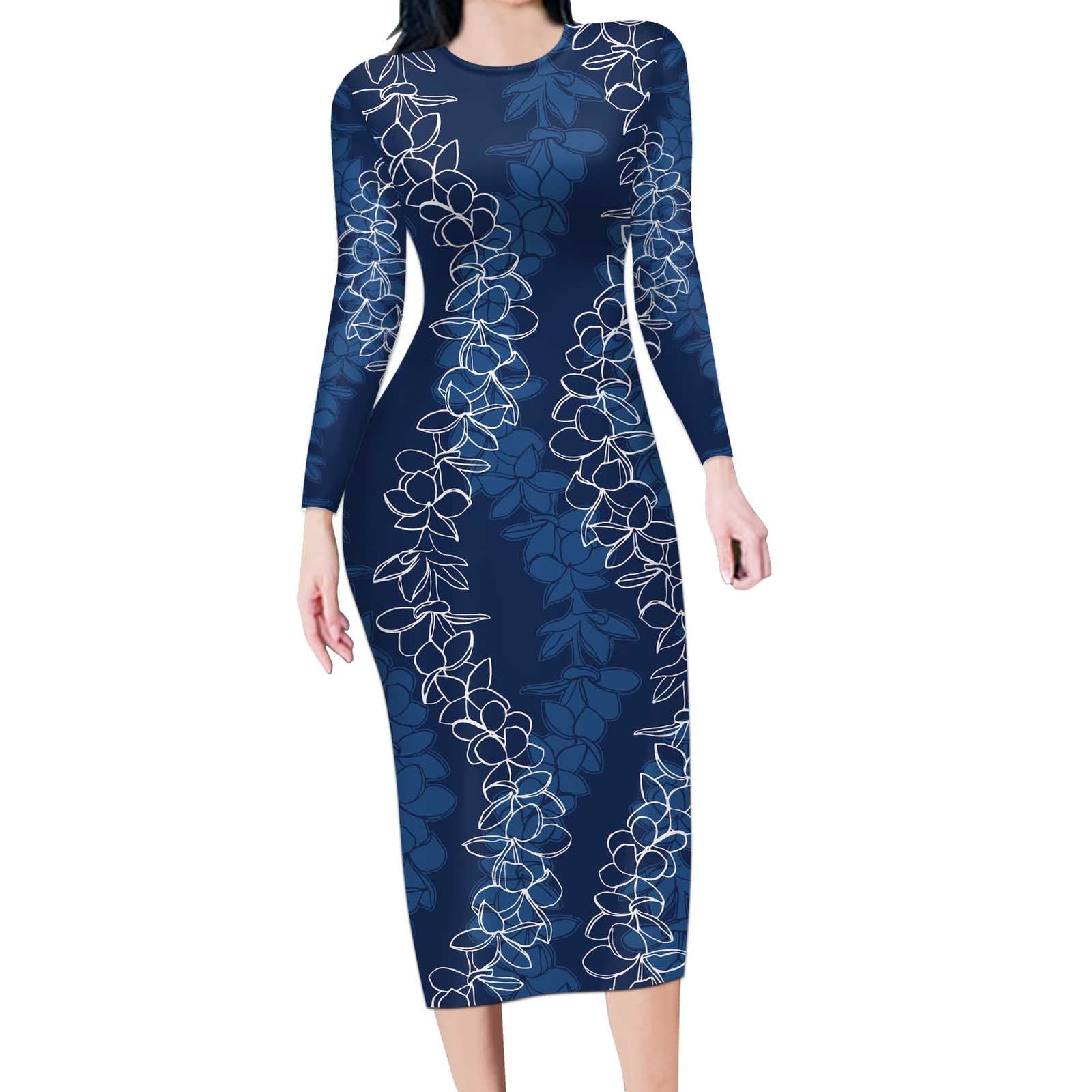 Hawaii Plumeria Lei Long Sleeve Bodycon Dress Aloha Festive Vibe - Navy Blue LT7 Long Dress Navy Blue - Polynesian Pride