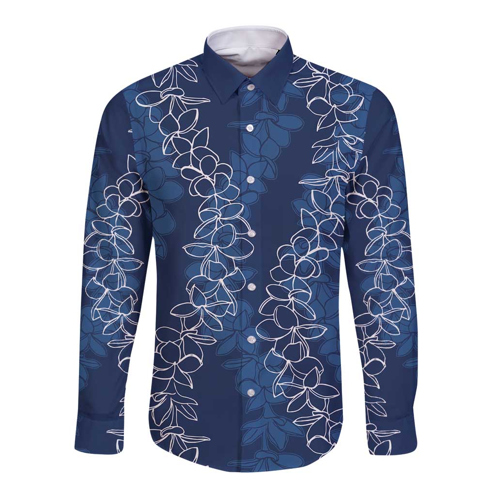 Hawaii Plumeria Lei Long Sleeve Button Shirt Aloha Festive Vibe - Navy Blue LT7 Unisex Navy Blue - Polynesian Pride