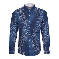 Hawaii Plumeria Lei Long Sleeve Button Shirt Aloha Festive Vibe - Navy Blue LT7 Unisex Navy Blue - Polynesian Pride