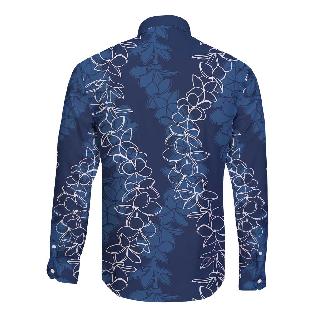 Hawaii Plumeria Lei Long Sleeve Button Shirt Aloha Festive Vibe - Navy Blue LT7 - Polynesian Pride