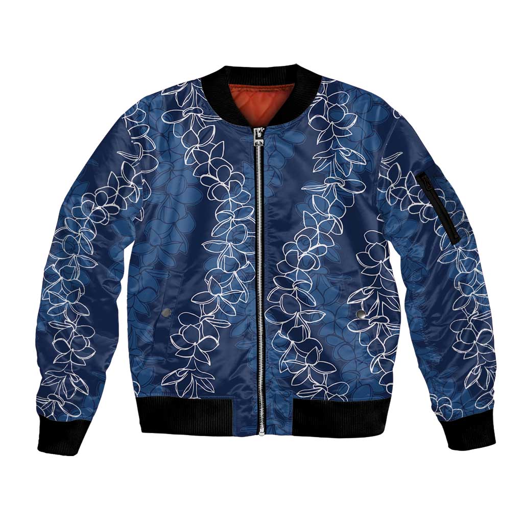 Hawaii Plumeria Lei Sleeve Zip Bomber Jacket Aloha Festive Vibe - Navy Blue LT7 Unisex Navy Blue - Polynesian Pride