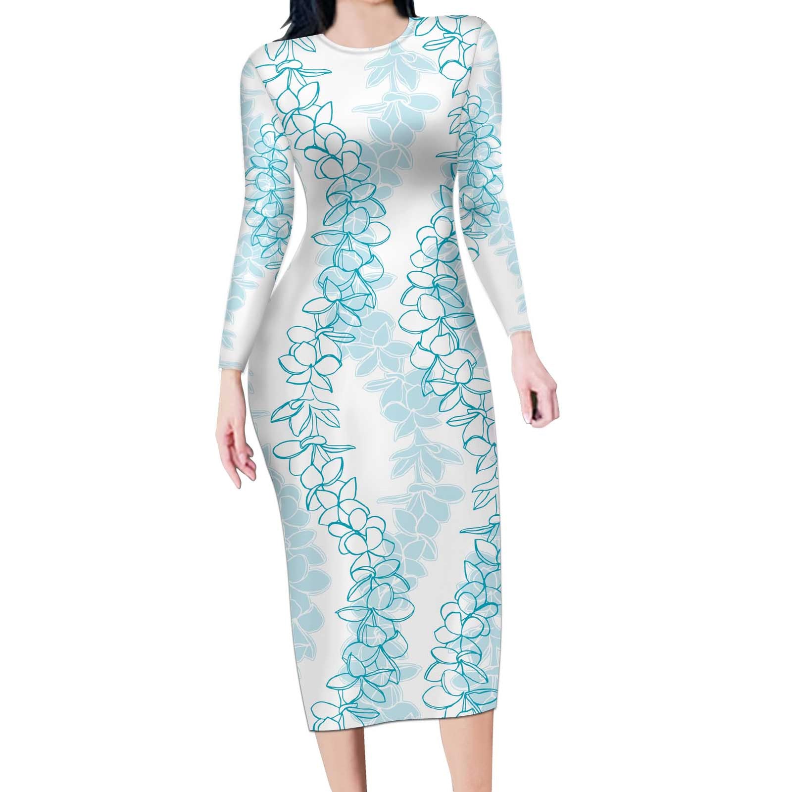 Hawaii Plumeria Lei Long Sleeve Bodycon Dress Aloha Festive Vibe - Turquoise LT7 Long Dress Turquoise - Polynesian Pride