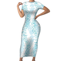 Hawaii Plumeria Lei Short Sleeve Bodycon Dress Aloha Festive Vibe - Turquoise LT7 Long Dress Turquoise - Polynesian Pride