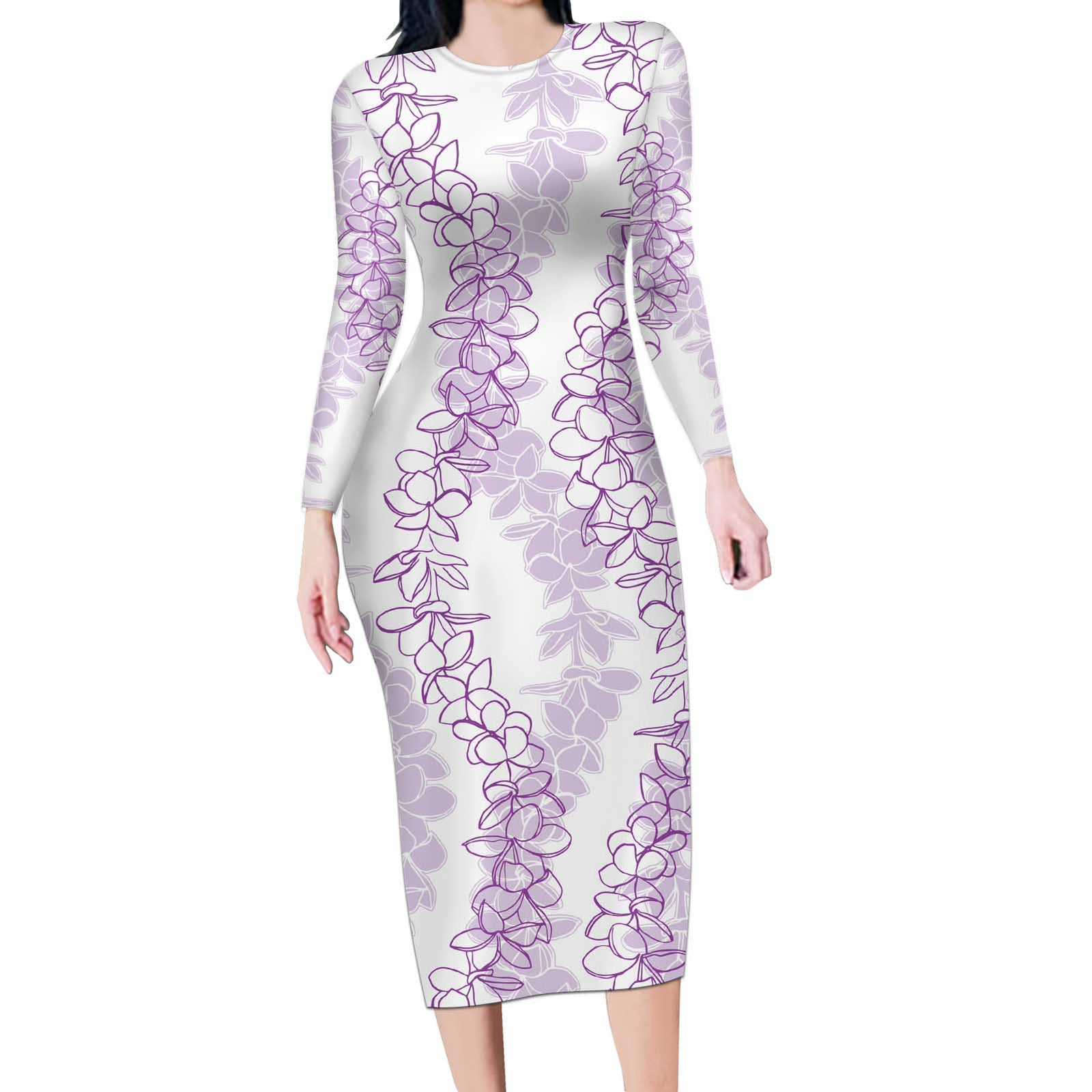 Hawaii Plumeria Lei Long Sleeve Bodycon Dress Aloha Festive Vibe - Amethyst LT7 Long Dress Amethyst - Polynesian Pride