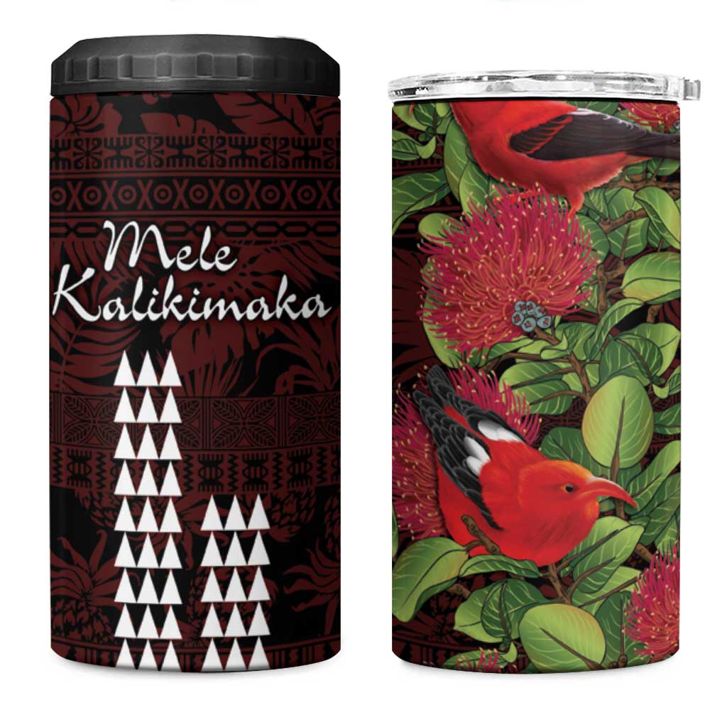 Hawaii Mele Kalikimaka Kakau 4 in 1 Can Cooler Tumbler I'iwi Bird on Ohia Lehua LT7 One Size: 16 oz Black Red - Polynesian Pride