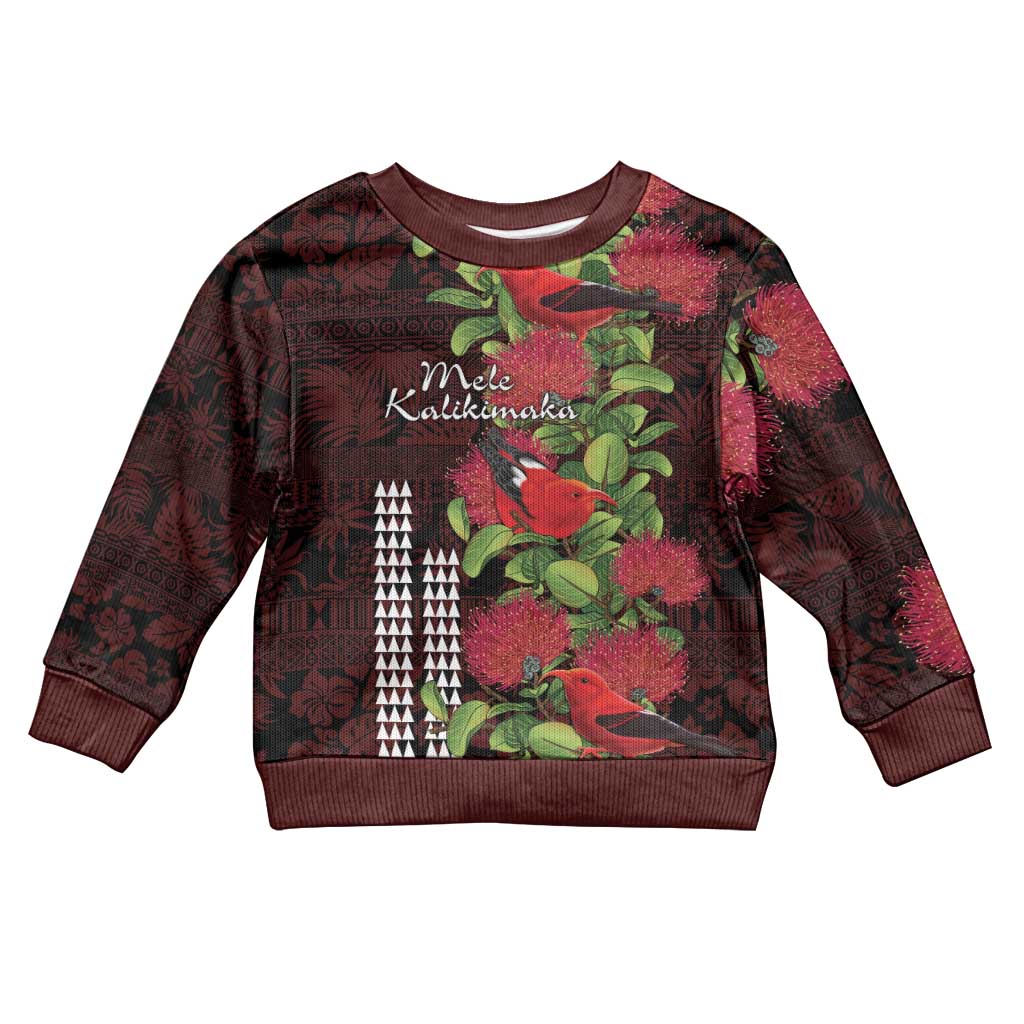 Hawaii Mele Kalikimaka Kakau Kid Ugly Christmas Sweater I'iwi Bird on Ohia Lehua LT7 Kid Black Red - Polynesian Pride