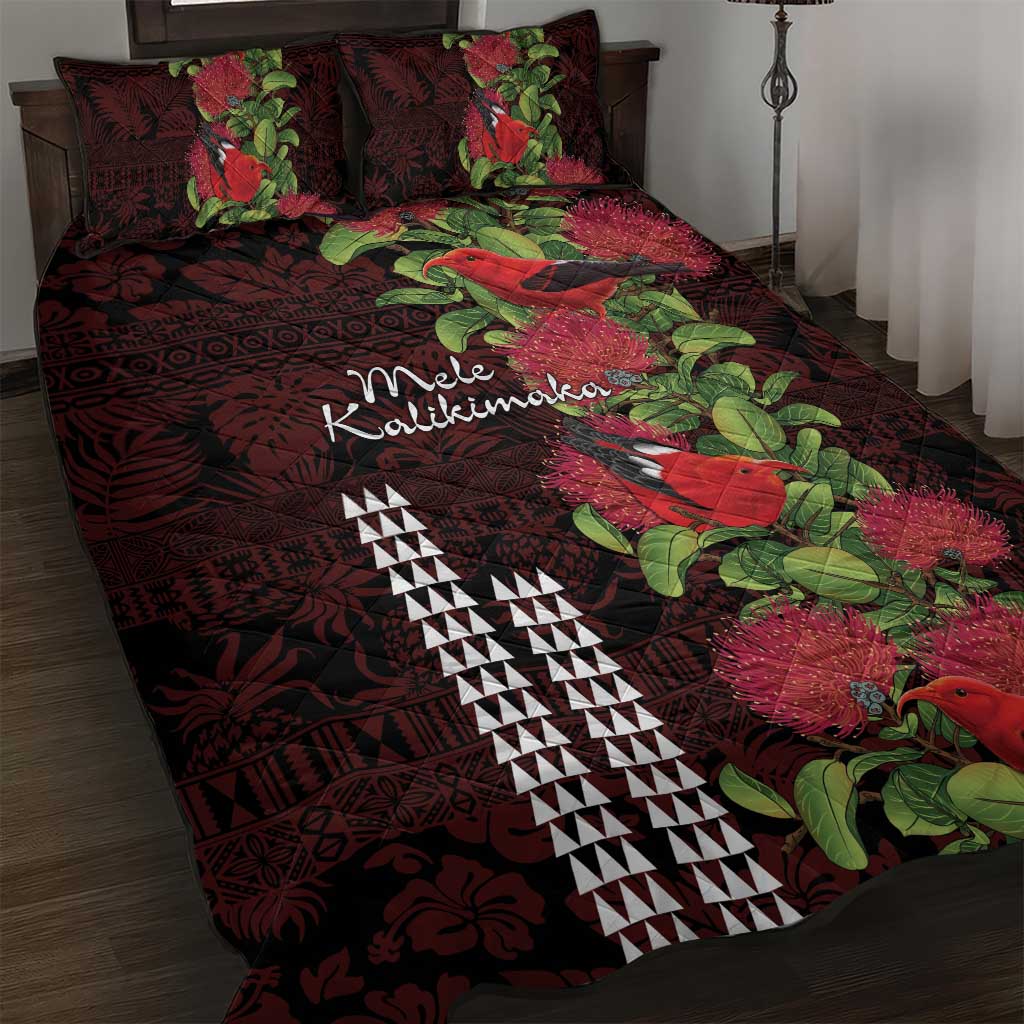 Hawaii Mele Kalikimaka Kakau Quilt Bed Set I'iwi Bird on Ohia Lehua LT7 Black Red - Polynesian Pride
