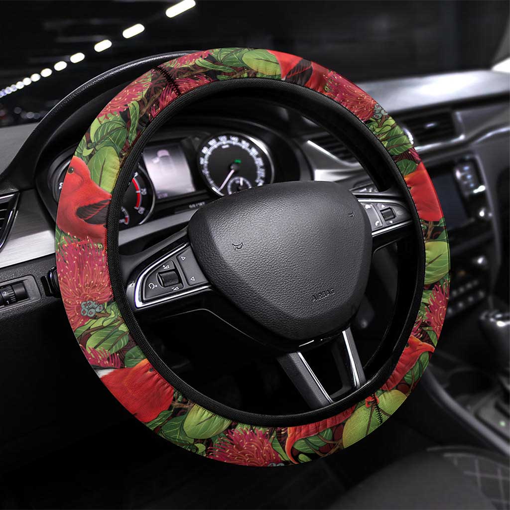 Hawaii Mele Kalikimaka Kakau Steering Wheel Cover I'iwi Bird on Ohia Lehua