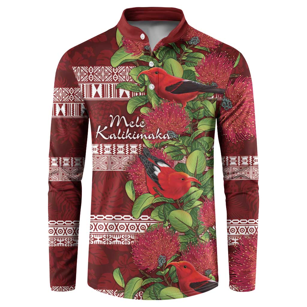 Hawaii Christmas Mele Kalikimaka Button Sweatshirt I'iwi Bird on Ohia Lehua LT7 Red White - Polynesian Pride