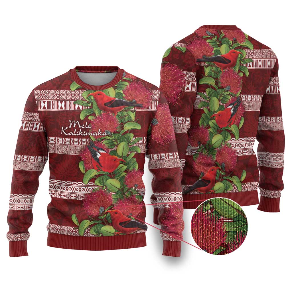 Hawaii Christmas Mele Kalikimaka Ugly Christmas Sweater I'iwi Bird on Ohia Lehua LT7 Red White - Polynesian Pride