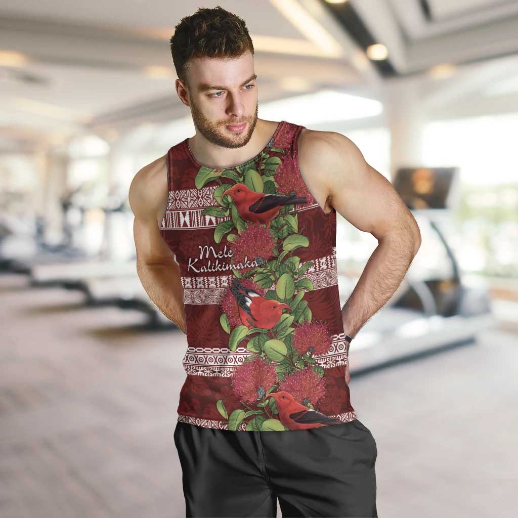 Hawaii Christmas Mele Kalikimaka Men Tank Top I'iwi Bird on Ohia Lehua LT7 Red White - Polynesian Pride
