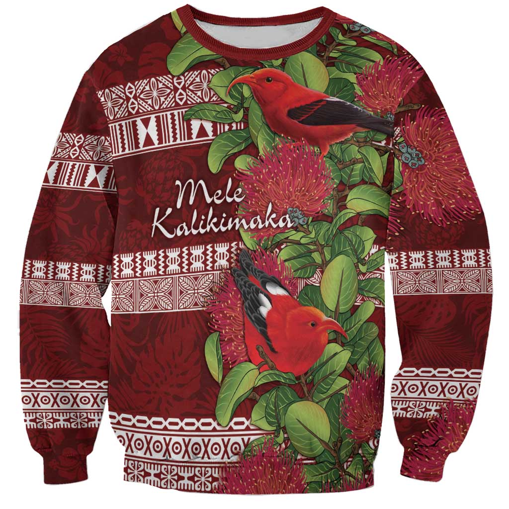 Hawaii Christmas Mele Kalikimaka Sweatshirt I'iwi Bird on Ohia Lehua LT7 Unisex Red White - Polynesian Pride