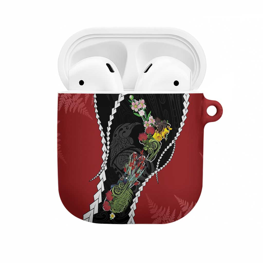 New Zealand Christmas AirPods Case Flora Map with Birds LT7 Black - Polynesian Pride