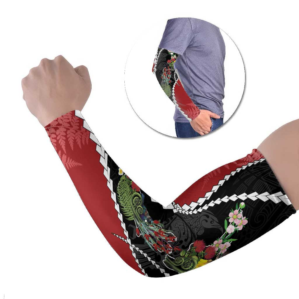 New Zealand Christmas Arm Sleeves Flora Map with Birds LT7 Set of 2 Black - Polynesian Pride