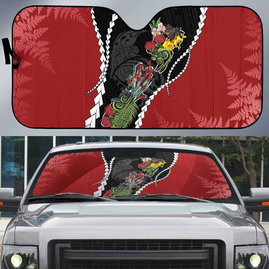 New Zealand Christmas Auto Sun Shade Flora Map with Birds LT7 Black - Polynesian Pride